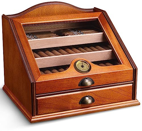 Cedar Wood Cigar Display Cabinets, Beveled Glass Window with Hygrometer Aging Storage Box Cabinet Smoking