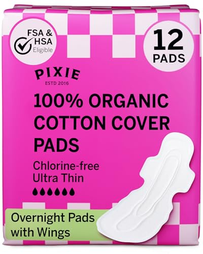 Pixie Organic Pads Cotton Ultra Thin Overnight Pads for Women - Extra Heavy Absorbency with Wings - Leak-Proof, Hypoallergenic & Unscented - Compostable, Biodegradable - FSA Eligible - 12 Count