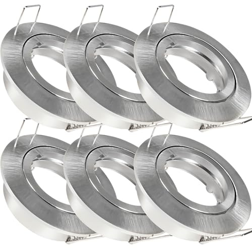 6er Set LED o. Halogen Einbaustrahler Timo für 12V und 230Volt Farbe: Edelstahl gebürstet (ohne Leuchtmittel) inkl. 230Volt GU10 und 12Volt MR16 Fassung. Spot Rund für Lochausschnitte von 68-76 mm.