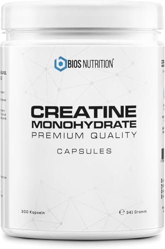 Creatin Kapseln hochdosiert 300 Caps - 5000 mg Creatin pro Tag - Mit 1137 mg Creatin Monohydrat pro Kapsel (vegan) - Ohne Zusatzstoffe - BIOS Nutrition (Made in Germany)