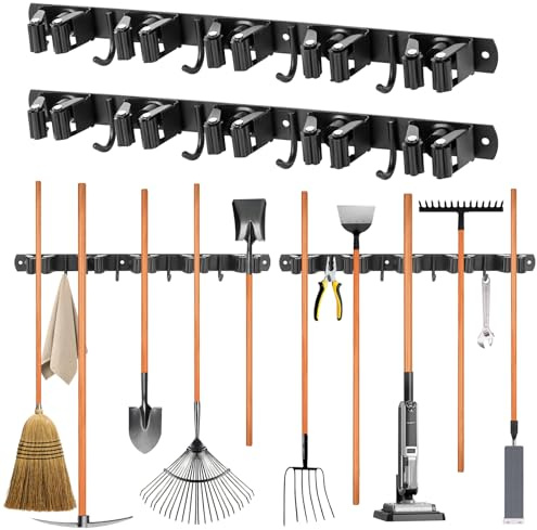 JABNOW Besenhalterung Wand 2 Stück，10 Halter und 8 Haken Gerätehalter Edelstahl，Besenhalter Werkzeughalter Wand für Garagen Garten Küche (schwarz)