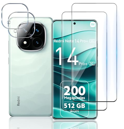 TUTUO Protector de Pantalla para Xiaomi Redmi Note 14 Pro Plus/Pro+ 5G, 2 Piezas 3D Cristal Templado + 2 Piezas Protector de Lente de Cámara, Antiarañazos, 9H Dureza 3D Vidrio Templado