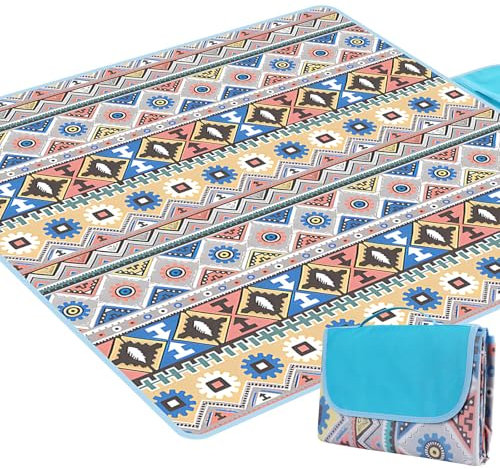 Qoosea Manta de Picnic 200x200cm, Grand Manta de Camping con Base Impermeable, Manta para Pícnic de Playa para Exteriores Barbacoa Senderismo Parque Jardín -Bohemio