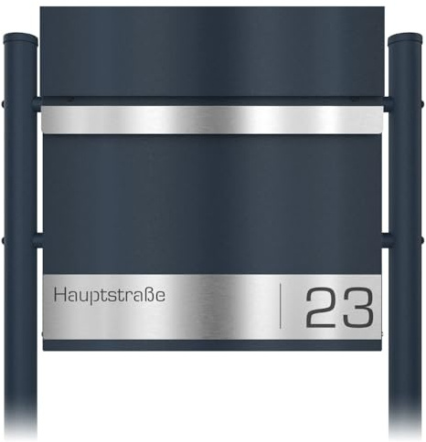 Graviers Design Briefkasten freistehend in Anthrazit RAL 7016 mit Standfuß - Postkasten personalisiert Edelstahl Lasergravur Straßenname Hausnummer - Briefbox mit Schloss Zeitungsfach