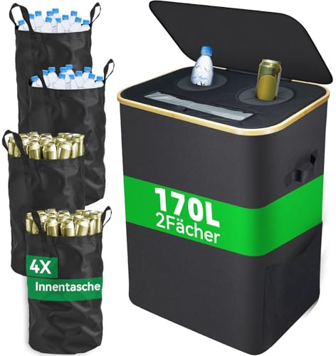 DanzeyGreen 170L Pfandflaschen Sammelbehälter mit Deckel, 4 Flaschentaschen | Fächer,4 Flaschentaschen,Großer Pfandbehälter,Flaschensammler leergut geeignet für Küche und Speisekammer,Schwarz
