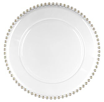 Assiette décorative de 32 cm en plastique avec bord perlé - Assiette de présentation festive pour différentes occasions - Soucoupe pour mariage et Noël - Assiette transparente - Or transparent