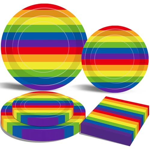 75 Teile Regenbogen-Streifen Partyzubehör Set – Für 25 Personen, Buntes Einweg-Tischgeschirr, Enthält Pappteller und Servietten für LGBTQ+ Pride Monat, Geburtstag, Hochzeit und Regenbogen-Mottopartys