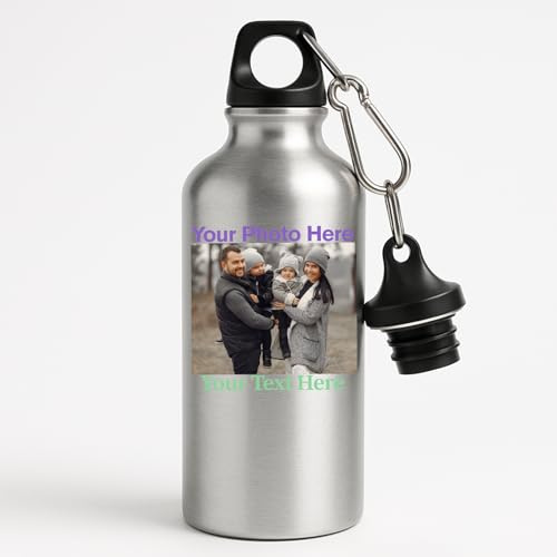 Excudo Trade LTD Personalised Aluminium Water Bottle 500ml – Custom Name Sports Bottle with Carabiner Clip and Straw Lid – Lightweight Leakproof Fathers Day Gym Travel Everyday Use - Silver