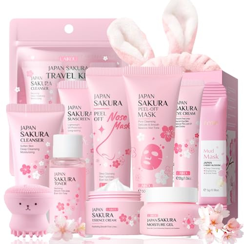 Sakura Skin Care Set Teenager Mädchen Geschenke，Nährend Skincare Set 11 Stück ，Hauttäglich Hautpflege Set Frauen Teenager Mädchen Geschenke - Beauty Set mit Reiniger, Sunscreen，Creme, Toner，Maske