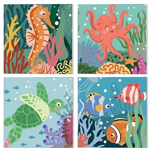 NAIMOER 4 Pack Animales Pintura por Números con Marco Adultos Niños, Animales marinos del océano Pintura por Números Sobre Lienzo con Marco de Madera,Pintura Arte Regalos 20x20cm