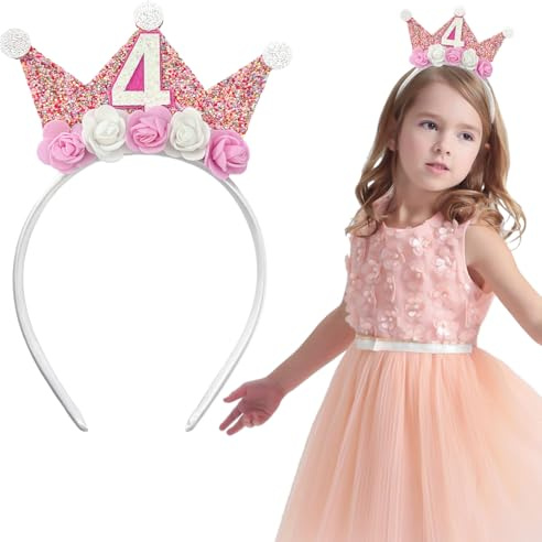Corona de cumpleaños para niños | Diadema corona de 4 años para niñas | Tocado princesa con flores Accesorio para cabello