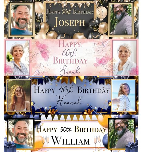 Personalisiertes Geburtstagsbanner mit Bild - Benutzerdefinierte Party Dekoration, Happy Birthday Banner 140 x 35 cm - Personalisieren Sie für alle Altersgruppen - Weiß/Gold, Mittel