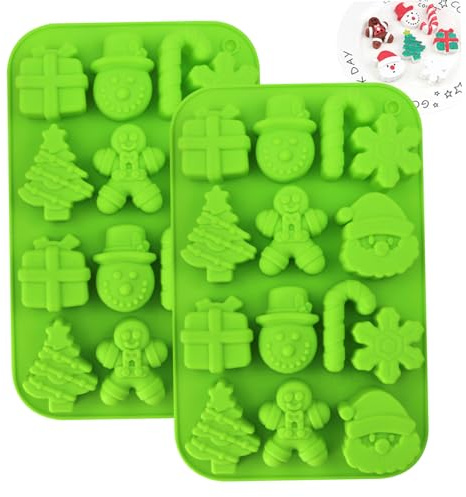 Christmas Moulds, Christmas Silicone Moulds 2PCS 14 Cavities 7 Styles Chocolate with Xmas Tree/Snowman/Santa/Snow/Candy Cane/Gingerbread Man for Baking, Wax Melt
