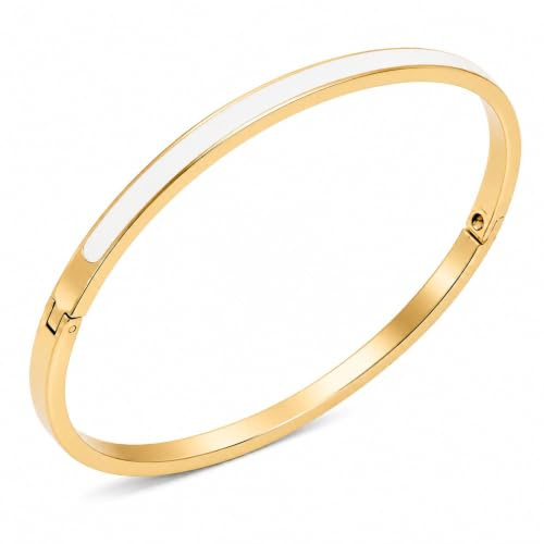 AVERELLE Gold Armreif für Damen, weiße Emaille, 18K vergoldet, wasserfest | 3 mm schmaler Bicolor-Armreif aus 316L Edelstahl mit Clip-In-Verschluss und 60 mm Innendurchmesser.