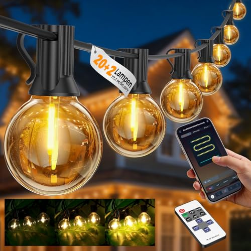 Festoon String Lights Outdoor-Garden LED G40 Light with 6.4m Lead -17.3M | Dual Control via App And Remote, Timer, Dimmable, IP44 Waterproof, 24V Low Voltage, (20+2 Spare) G40 Bulbs, for Gazebo|Patio