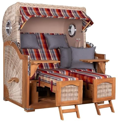 MR. DEKO Strandkorb Düne Grande Komplett-Set | Teak-Holz Volllieger 175° | 2.5-Sitzer Bullauge | Komplettset inkl. Lifter-System, Schutzhülle, Rollen | Gartenstrandkorb Gartenmöbel 142x95x170cm