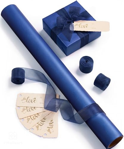 Vitalizart Papel de Regalo Azul Marino 43 cm x 5 m, Rollo de Papel de Regalo Papel Perlado & Cintas de Organza & Etiquetas de Regalo Set para San Valentín, Boda, Cumpleaños, Navidad, Baby Shower