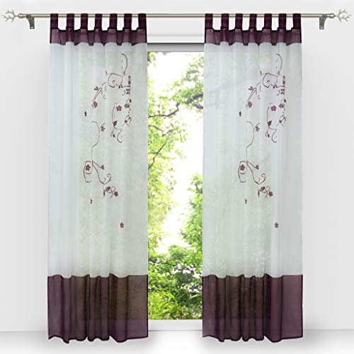 HongYa 1er-Pack Bestickte Gardine Transparenter Voile Vorhang Schlaufenschal H/B 145/140 cm Beere