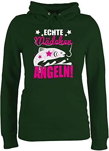 Pullover Damen Hoodie Frauen - Hobby Outfit - Echte Mädchen Angeln Fisch - XL - Dunkelgrün - hoddys Frau Angel sprüche Hoody Hoodys Kapuzenpullover Hoodies für kapuzepulli Pulli Hoddies