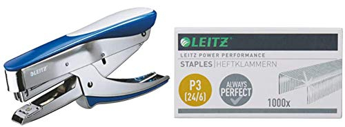 Leitz Heftzange, Für 30 Blatt, Ergonomisches Design aus Metall mit Gummioberflächen, Oberlademechanik, Blau & Power Performance Heftklammern P3 (24/6), 1000 Stück, Verzinkt, 55700000