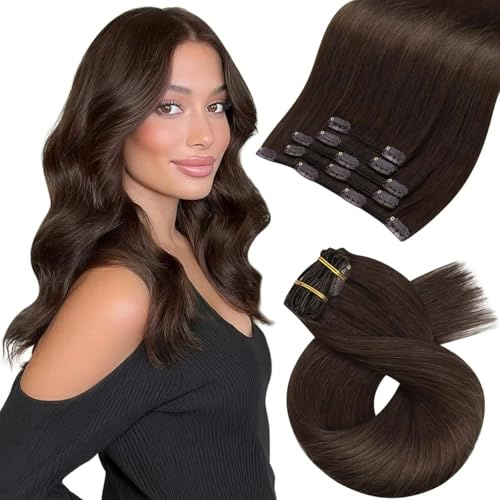 Moresoo Clip in Extensions Echthaar Dunkelbraun Gerade 35cm 5 Stück 80g | Echthaar Extensions,Volumen Ergänzung,Sanfte Haarstruktur,Für Besondere Anlässe,Passend Zu Braunem Haar Und Styles