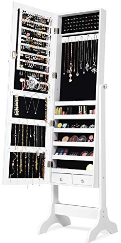 COSTWAY Armoire à Bijoux sur Pied avec Miroir Pivotante à 4 Niveaux Armoire de Rangement Bijoux avec 8 Étagères Doublées pour Bagues Boucles d'Oreilles Bracelets (Blanc)