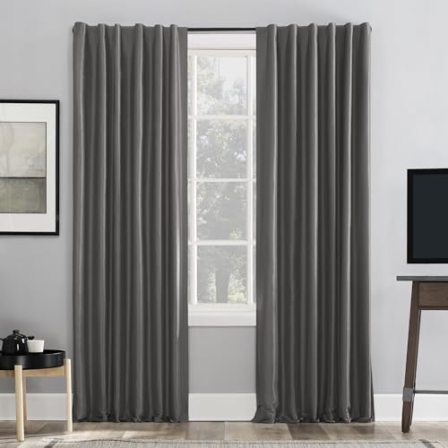 Sun Zero Greyson Faux Dupioni Silk Thermal Extreme Total Blackout Back Tab Curtain Panel, 50 x 108, Iron Gray