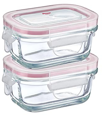 Westmark Set, 2 Glas-Frischhaltedosen mit Clip-Deckel, Füllvolumen: je 120 ml, tiefkühlgeeignet, mikrowellen- und ofenfest, Glas/Silikon/Kunststoff, Transparent/Rot, 234022E3