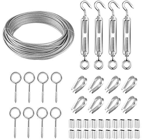 YOCZOX 30M Garden Wire Rope Kit, 3mm PVC Coated Stainless Steel Cable with Turnbuckle, Duplex Clamps, Vine Eyes Wire Tensioner Kit for Climbing Plants, Trellis, Outdoor String Lights Hanging