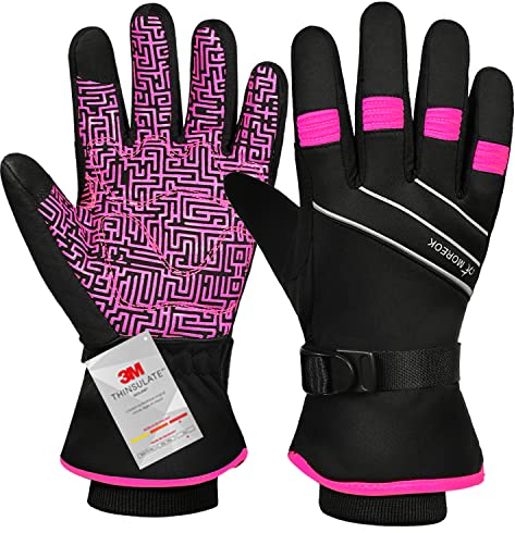 BIKINGMOREOK Winterhandschuhe Wasserdicht -30°F 3M Thinsulate Skihandschuhe Warme Touchscreen Handschuhe,Winddicht Fahrradhandschuhe Herren Damen-Rosa-M