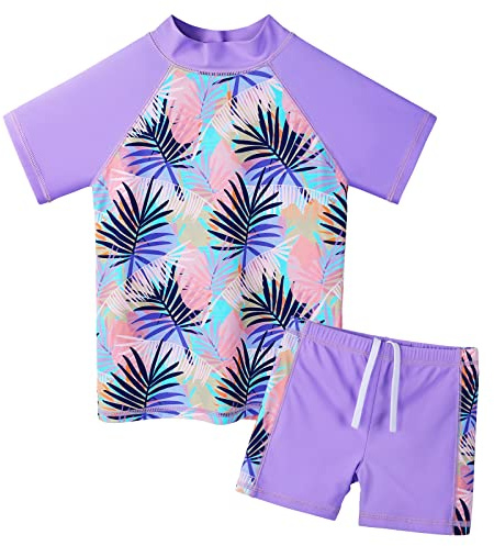 ZNYUNE Fille Maillot de Bain Imprimé 2 Pièces Enfant Rash Guard Anti-UV S399 Feuilles pourpres 6A
