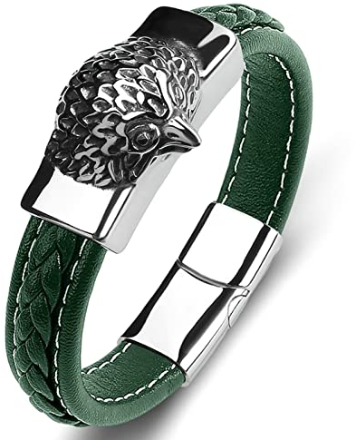 Ayoiow Männer Armband Indianer, Armband Edelstahl Herren Armband Leder Geflochten Grün Armband mit Eulenkopf