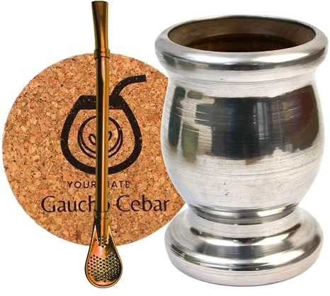 Gaucho Cebar Ensemble pour thé Yerba Maté | Tasse à thé Palo Santo entièrement en métal habillée | Paille Bombilla pour maté 15,5 cm | Tampon en liège | Set pour thé yerba maté