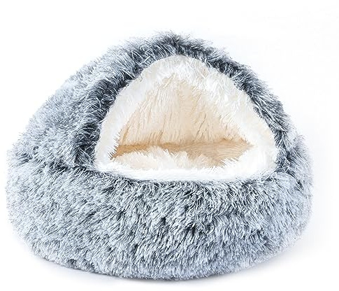 NOYAL Rundes Hundebett mit Kapuze für kleine und mittelgroße Haustiere – Plüsch, flauschig, Anti-Angst-Katzenhöhlenbett mit Bezug | Verstellbare Haubenöffnung, universell für Katzen und Hunde, perfekt für Burrower
