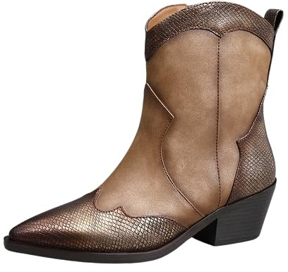 IVACHY Womens Ankle Boots Cowboy Style Shinny Fashion Bronze Metalic Western Vintage-style Sparkling Zip Shoes Size 3-7.5 UK