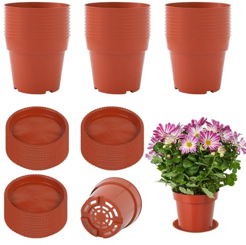 Gobesty 30 Pack 10cm Indoor Plant Pots With Saucers - Plastic Nursery Containers for Herbs, Seedlings, Flowers, Vegetables, Succulents, Cactus, Cuttings, Terracotta