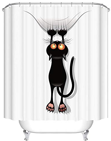 BOYOUTH Rideau de douche en polyester imperméable avec 8 crochets, motif chat noir dessin animé, pour salle de bain, 137 x 198 cm, multicolore
