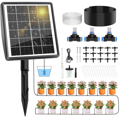 Forever Speed Kit Arrosage Automatique Solaire avec Minuterie [Irrigation Goutte à Goutte/Aspersion] 15M Tuyau Arrosage Système D'arrosage Automatique Rechargeabilité pour Jardin, Balcon Plantes