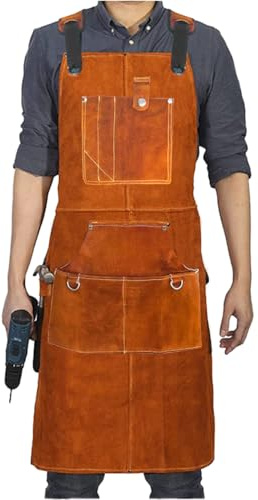 Leather Welding Apron With Pockets Heat Flame Resistant Bib Apron for Welding Cutting Cooking, 24 X 36 (Double-Side Fleece)
