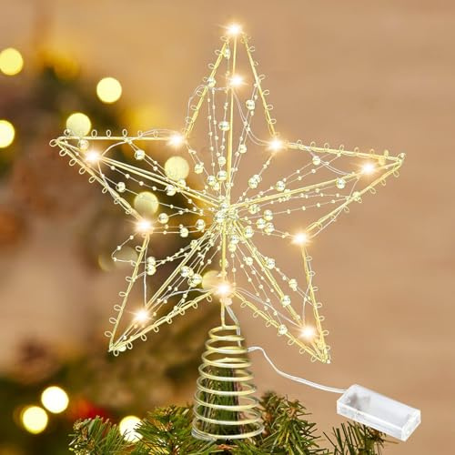 Christbaumspitze, Gold Weihnachtsbaumspitzen Stern, Glitzer Weihnachtsbaum Stern Spitze Baumspitze Weihnachten, Weihnachtsbaum Topper, 10 LED-Lichter, Stern-Baumschmuck für Weihnachtsbaum