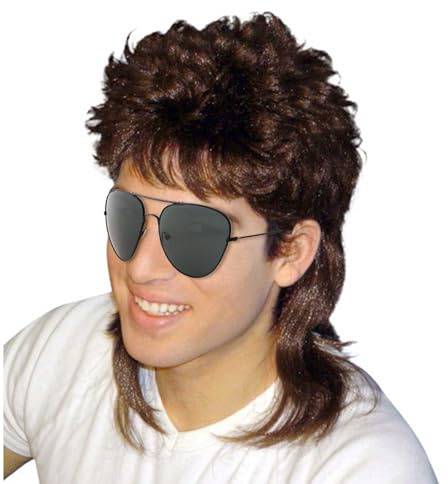 QSZHSL Perruque Mulet, Perruque Hommes Marron, Mulet 80's Mulet Perruque Hommes, Perruque année 80 Perruque année70, Longue Synthétique Cheveux Perruque Cosplay Halloween Costume Party
