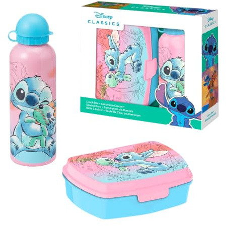 Disney Stitch Bouteille et Boîte à Déjeuner, Gourde D'eau Design Stitch et Scrump pour Filles, Bouteille de Voyage en Aluminium, Capacité 500 ml
