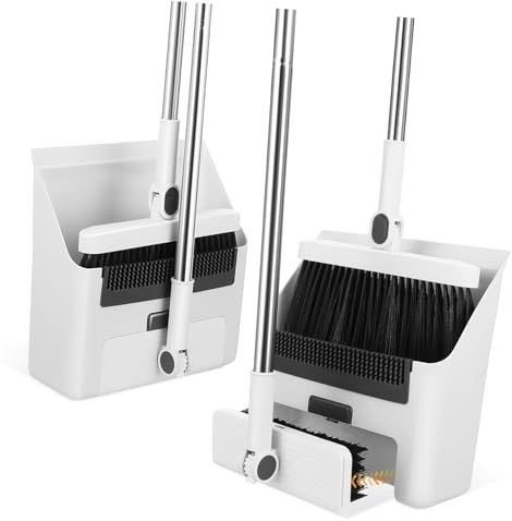 GARVALON Juego de Escoba y Recogedor Plegables de Color Claro, Escoba Multifuncional con Mango Curvo, 4 Varillas de Plástico, Recogedor Compacto para Limpieza Interior y Exterior, Kit