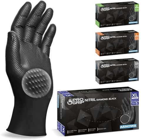 100x PROGRIP Einweghandschuhe Diamant Grip Schwarz, Nitrilhandschuhe XL | Einmalhandschuhe Extra Stark, Handschuhe Einweg griffig, latexfreie Arbeitshandschuhe für Werkstatt & Montage M, L, XL, XXL