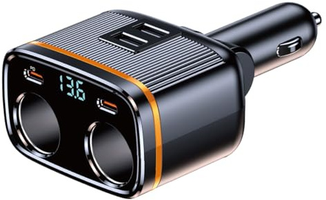 145W Zigarettenanzünder Verteiler USB C mit LED Voltmeter 2 USB+PD,12V/24V Auto KFZ Ladegerät Zigarettenanzünder Stecker Adapter Splitter 2 Steckdose für GPS Smartphone Tablet Dashcam
