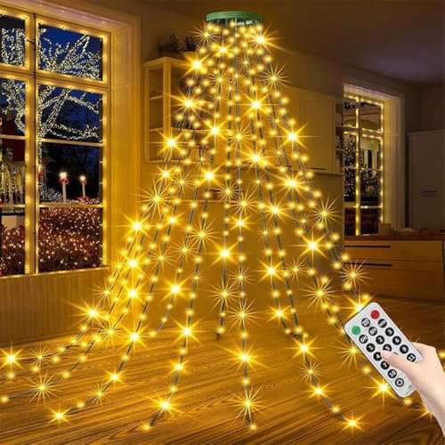 LUCKKY Weihnachtsbaum-Wasserfalllichter mit Ring, 2M 200 LED Lichterkette Weihnachtsbaum Strip, Weihnachtsbaumspitze Lichter mit 8 Modi und Fernbedienung für Baumschmuck (Warm)