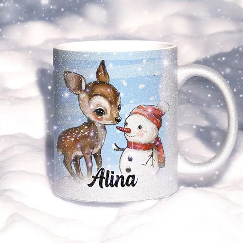 Sunnywall Glitzertasse Personalisiert mit Namen – Weihnachtstasse - Winter-Edition - Wintertasse aus Keramik - Geschenkidee (Reh, Silber | Glitzer)