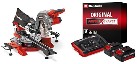 Einhell Sierra de tracción, vaivén e inglete con batería TE-SM 36/8 L Li-Solo Power X-Change 36V, hoja de sierra Ø 216 + Einhell Starter Kit 2 x 4 Ah Battery + Twincharger 18 V