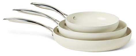 Amazon Basics Batería de Cocina Antiadherente de Cerámica, Juego de 3 Sartenes, Compatibles con Todo Tipo de Fuegos, Aptas para Lavavajillas, Marfil