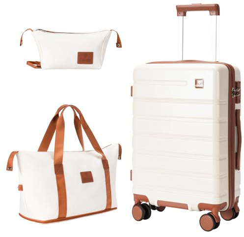 QIMER Carry on Luggage Set, 20 Inch Suitcase with 100% PC hardshell, Lightweight TSA Locks Quiet Spinner Wheels Durable Zipper, Suitable for Men and Women, Y01 Beige(20/DB/TB) Slightly Small